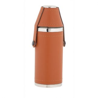 8oz Tan Leather Sportsman Stainless Flask With Cups